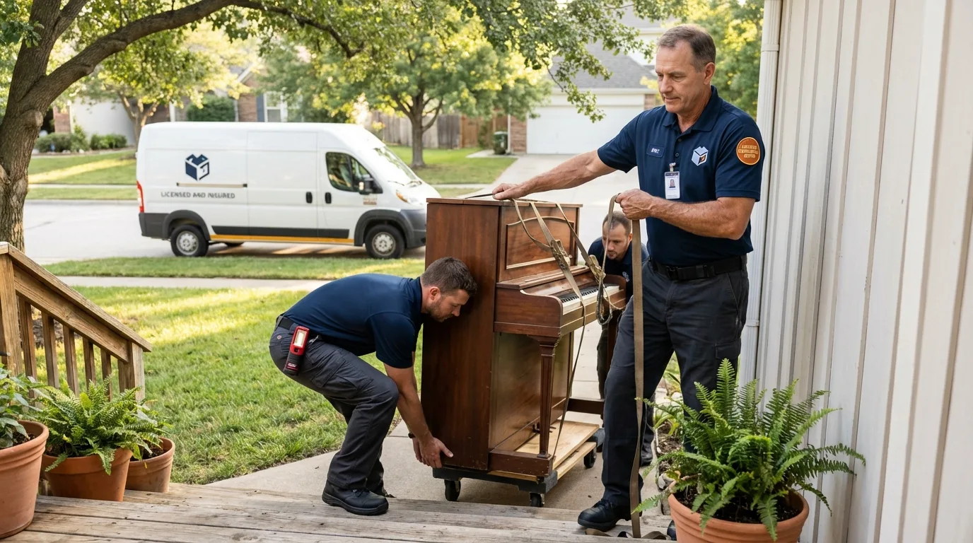 Licensed piano movers securing grand piano in Penns Grove, NJ