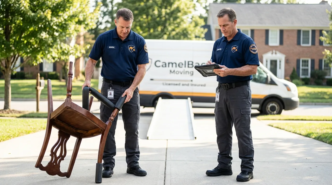 Movers inspecting furniture for damage prevention before loading in Penns Grove, NJ