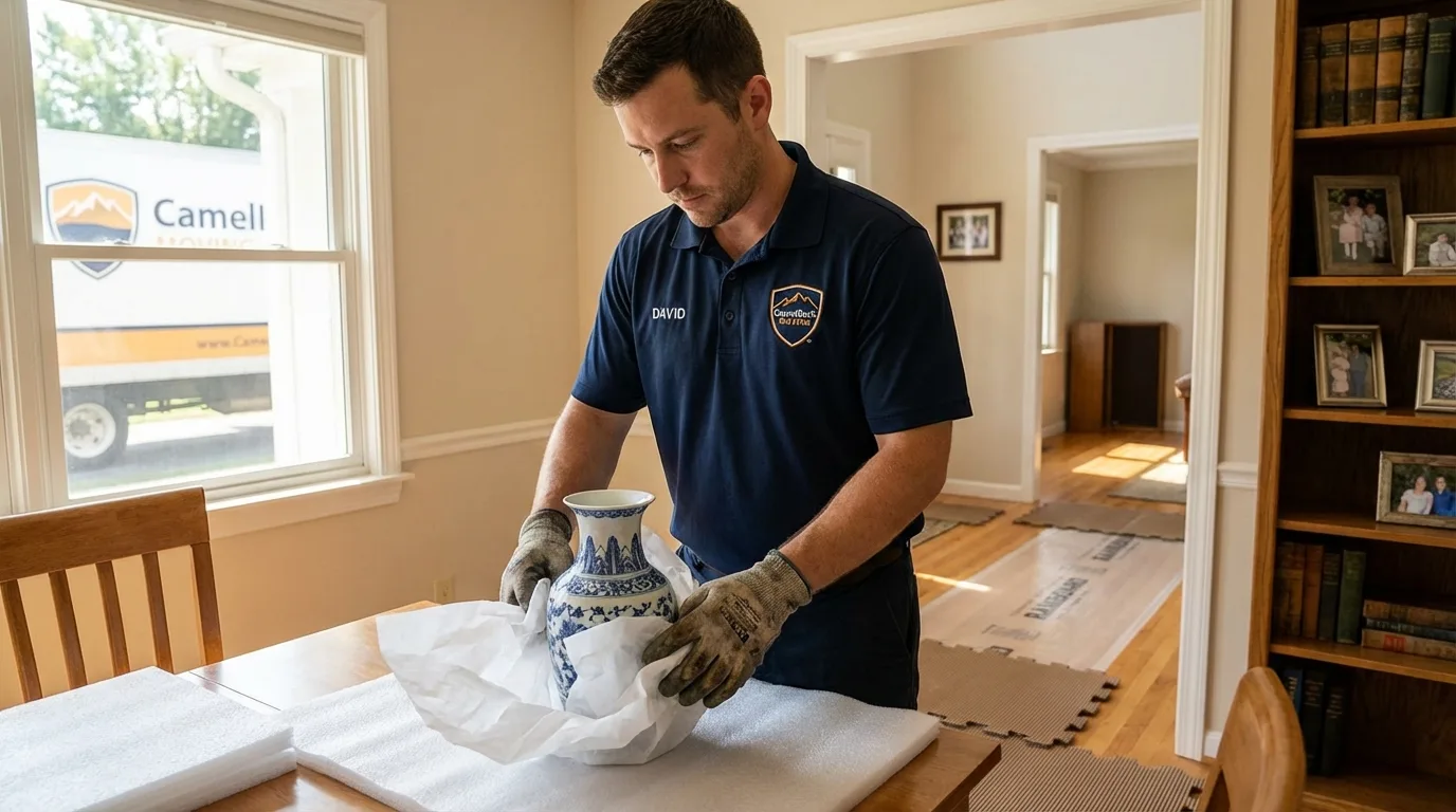Professional crew carefully wrapping antique vase for senior downsizing move in Penns Grove, NJ